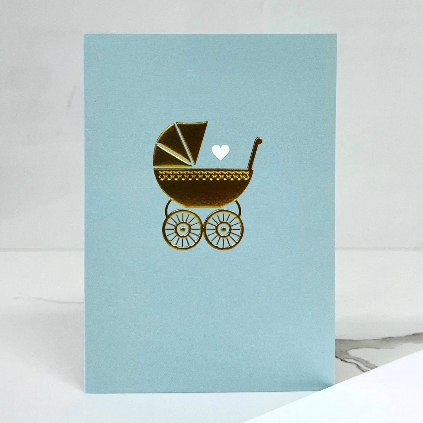 Card New Baby Blue with Gold Pram