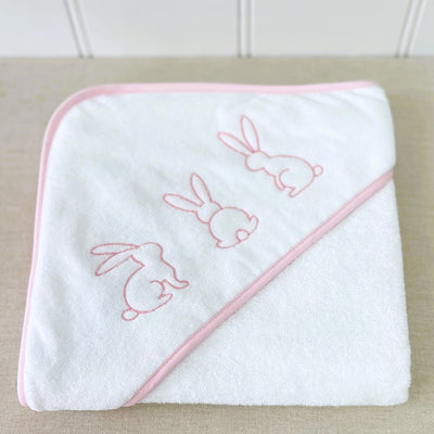 Baby Hooded Towel White Velour With Pink Bunny