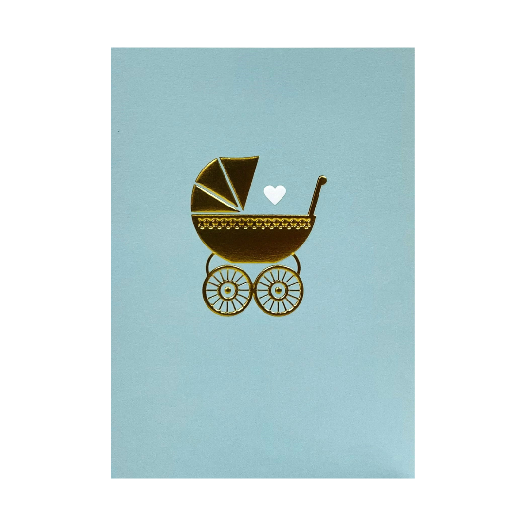 Card - New Baby Blue with Gold Pram