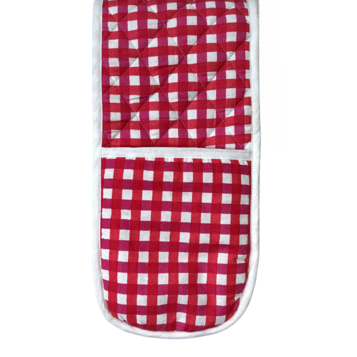 Check Double Oven Glove - Red & Pink