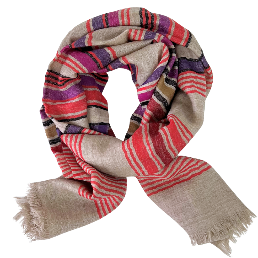 Scarf - Beige/Red Multi Stripe