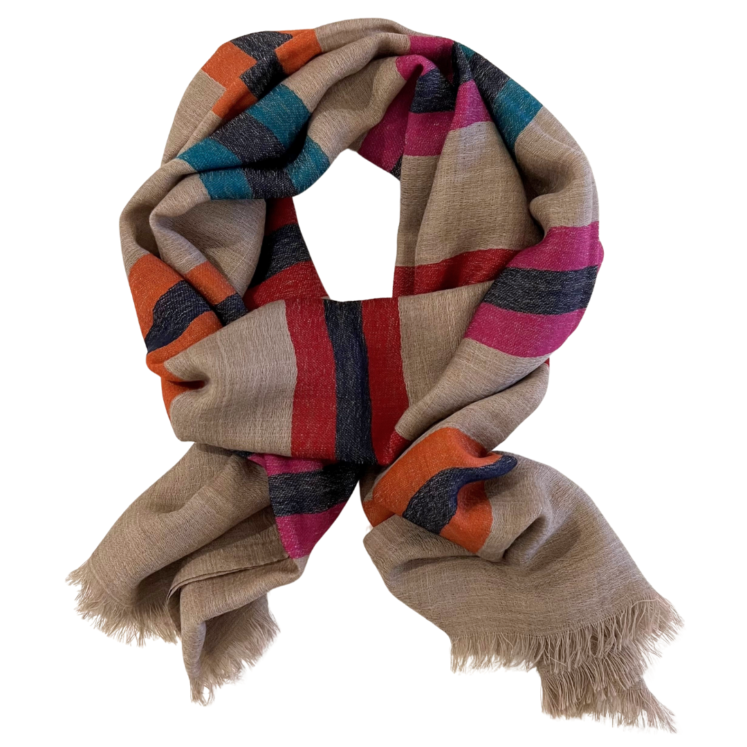 Scarf - Beige & Pink Multi Thick Stripe