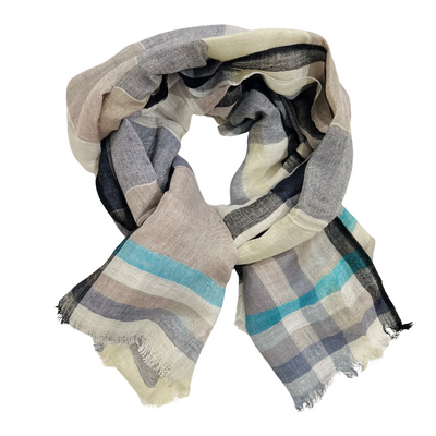 Scarf - Linen Check & Stripe Navy/Beige #3