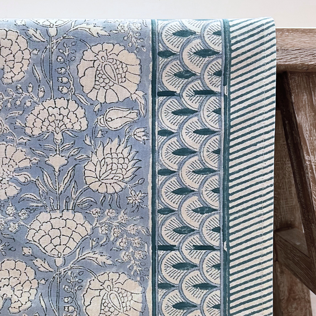 Block Print Tablecloth - Floral French Blue