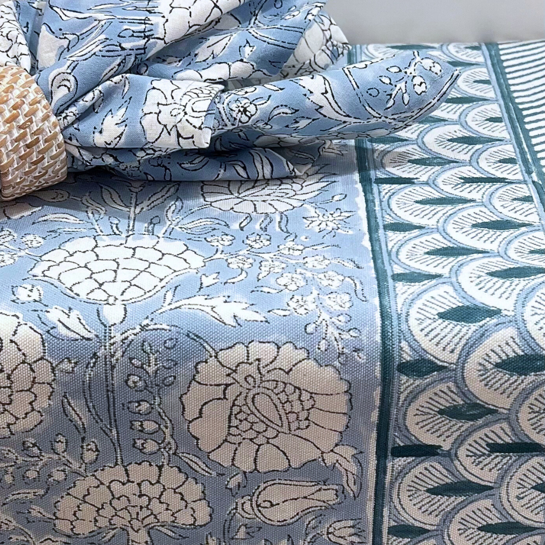 Block Print Tablecloth - Floral French Blue