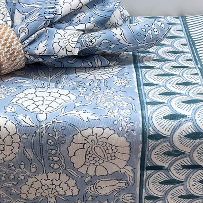 Block Print Tablecloth - Floral French Blue