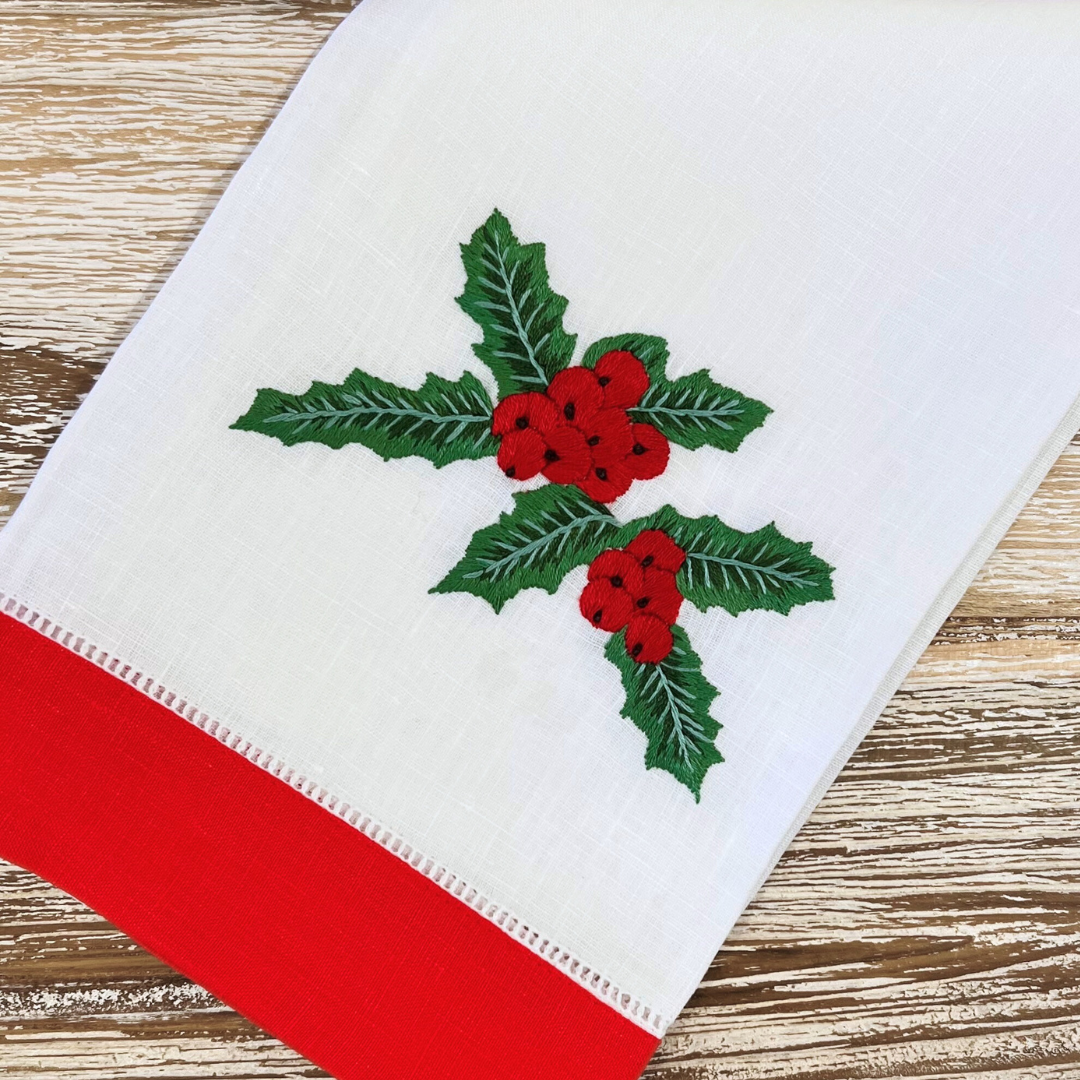 Christmas Linen Guest Towel - Christmas Holly