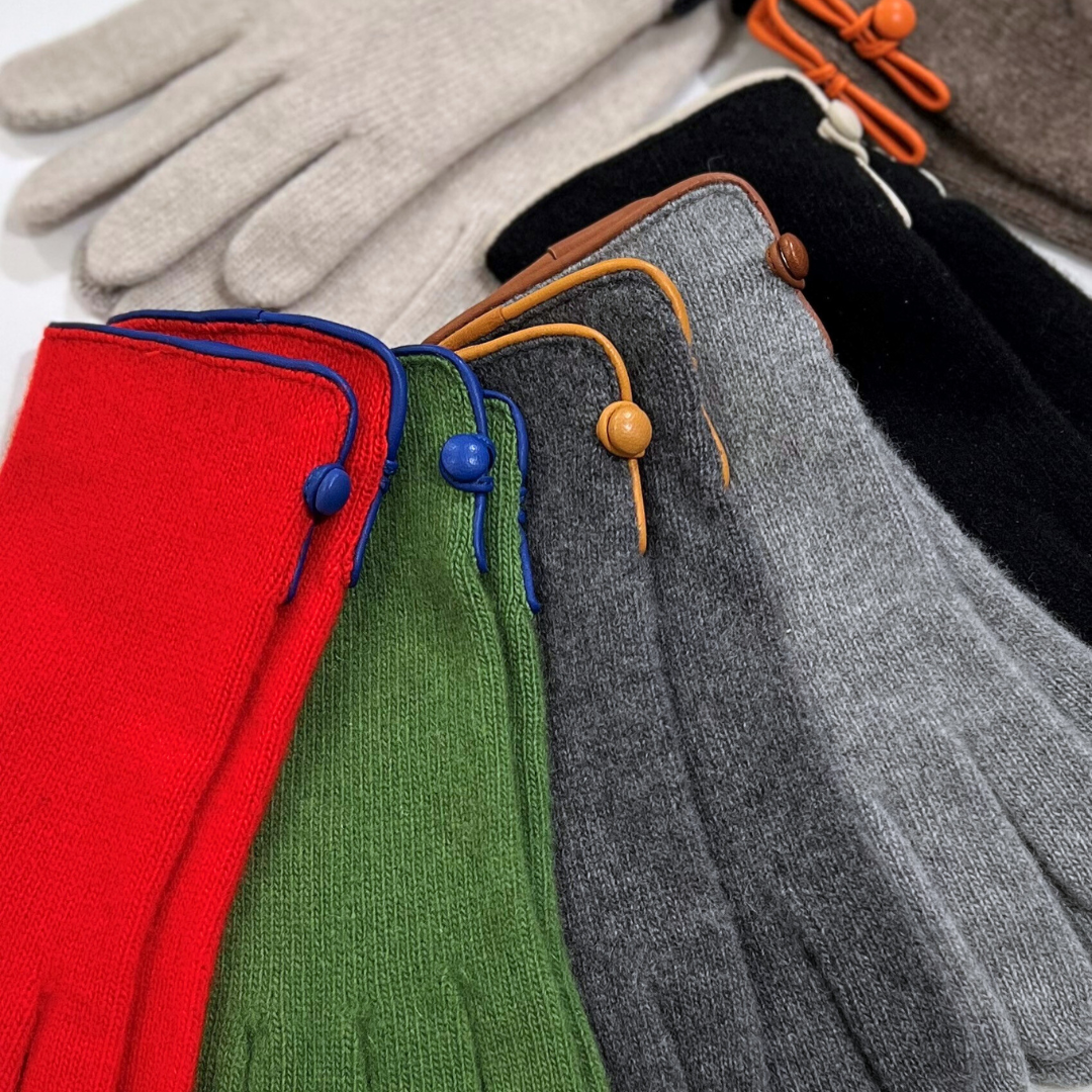 Wool & Cashmere Gloves - Green with Blue Trim