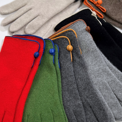 Wool & Cashmere Gloves - Green with Blue Trim