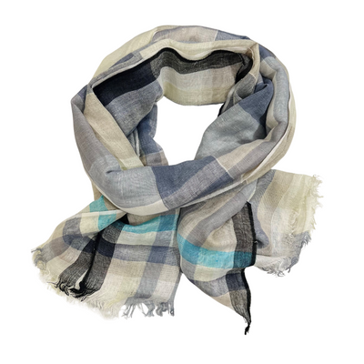 Scarf - Linen Check & Stripe Navy/Grey #4