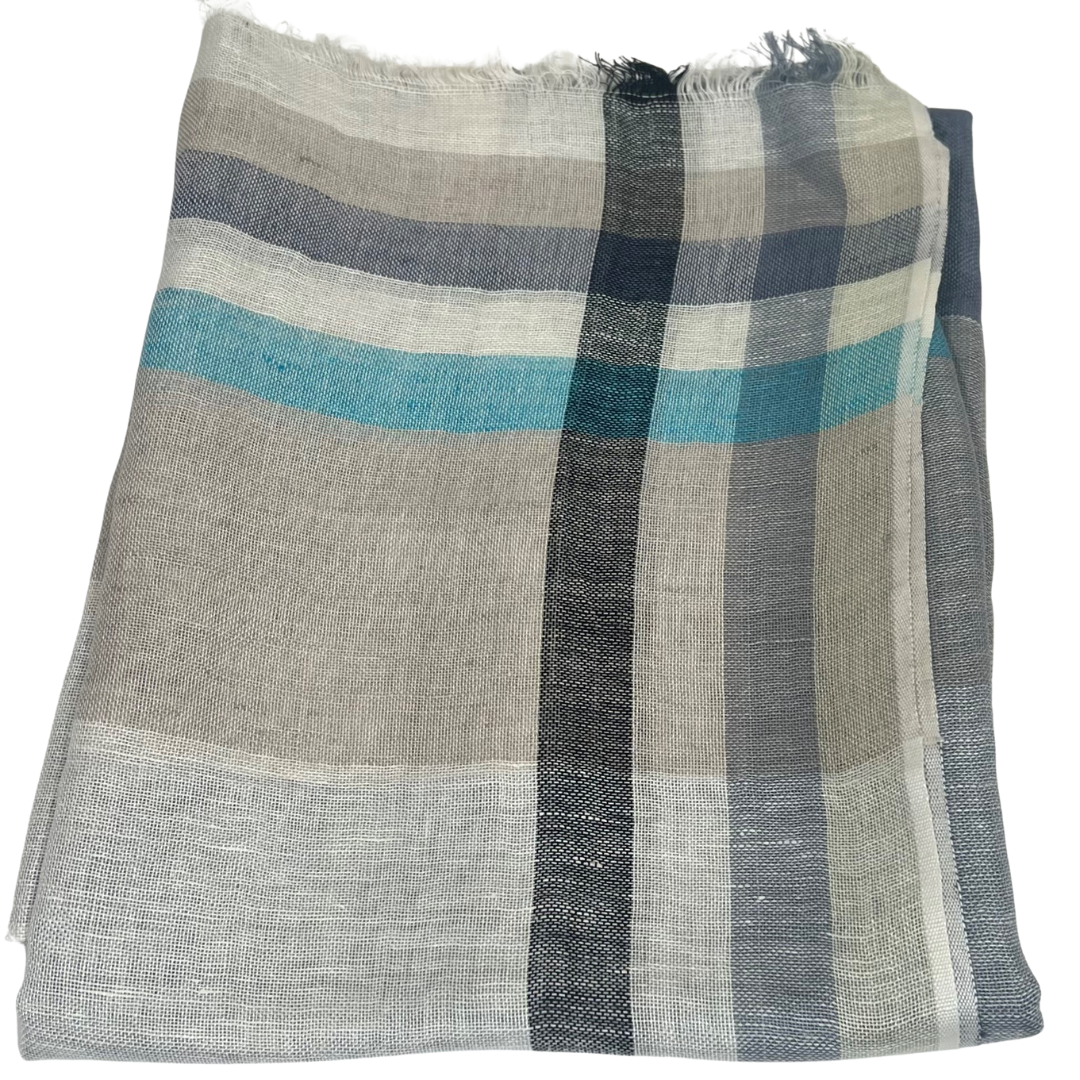 Scarf - Linen Check & Stripe Navy/Grey #4