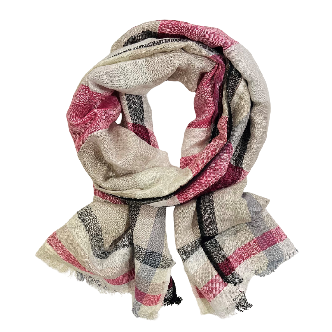 Scarf - Linen Check & Stripe Pink #2