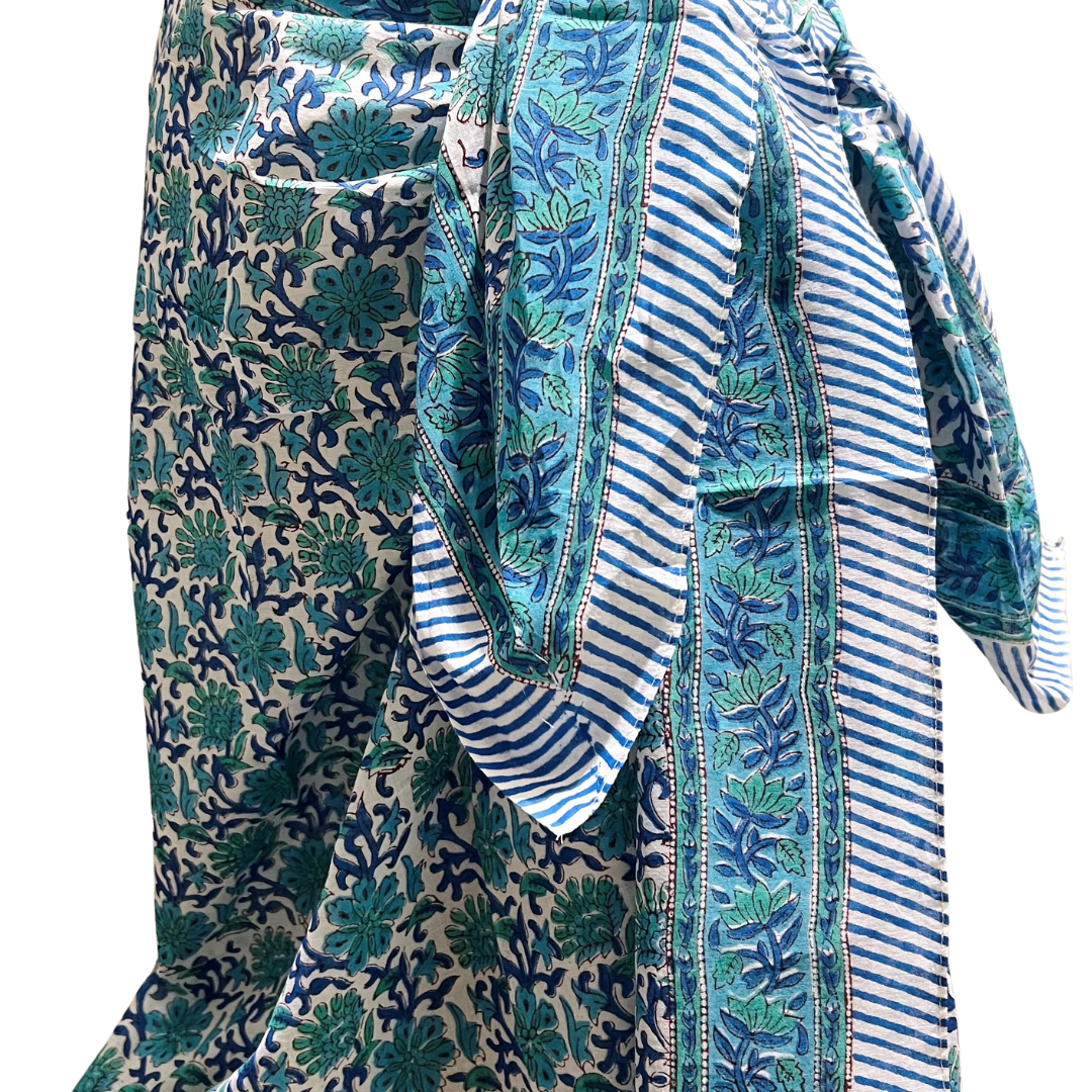 Block Printed Cotton Sarong - Aqua/Blue