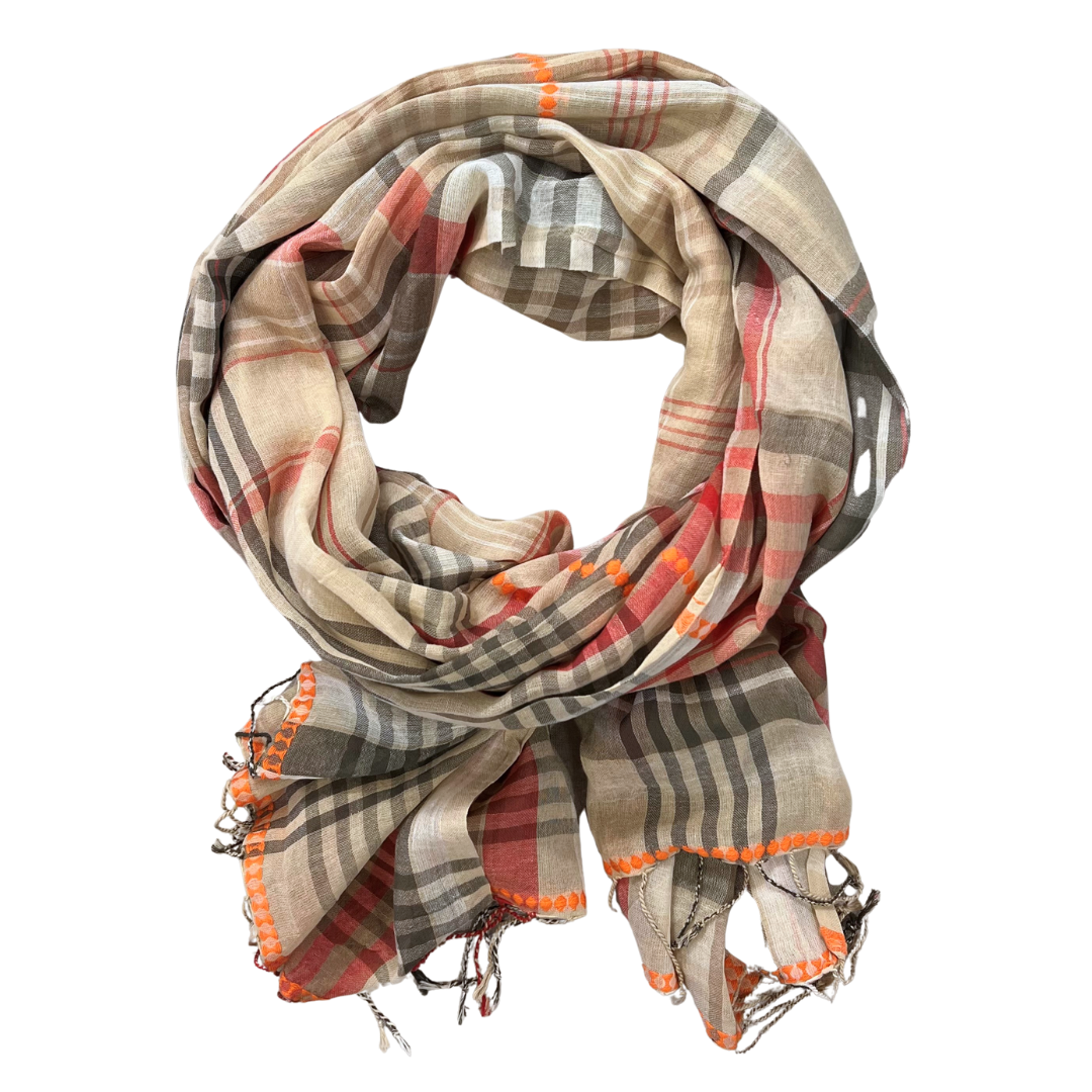 Sarong/Scarf - Cotton Check Beige with Trim