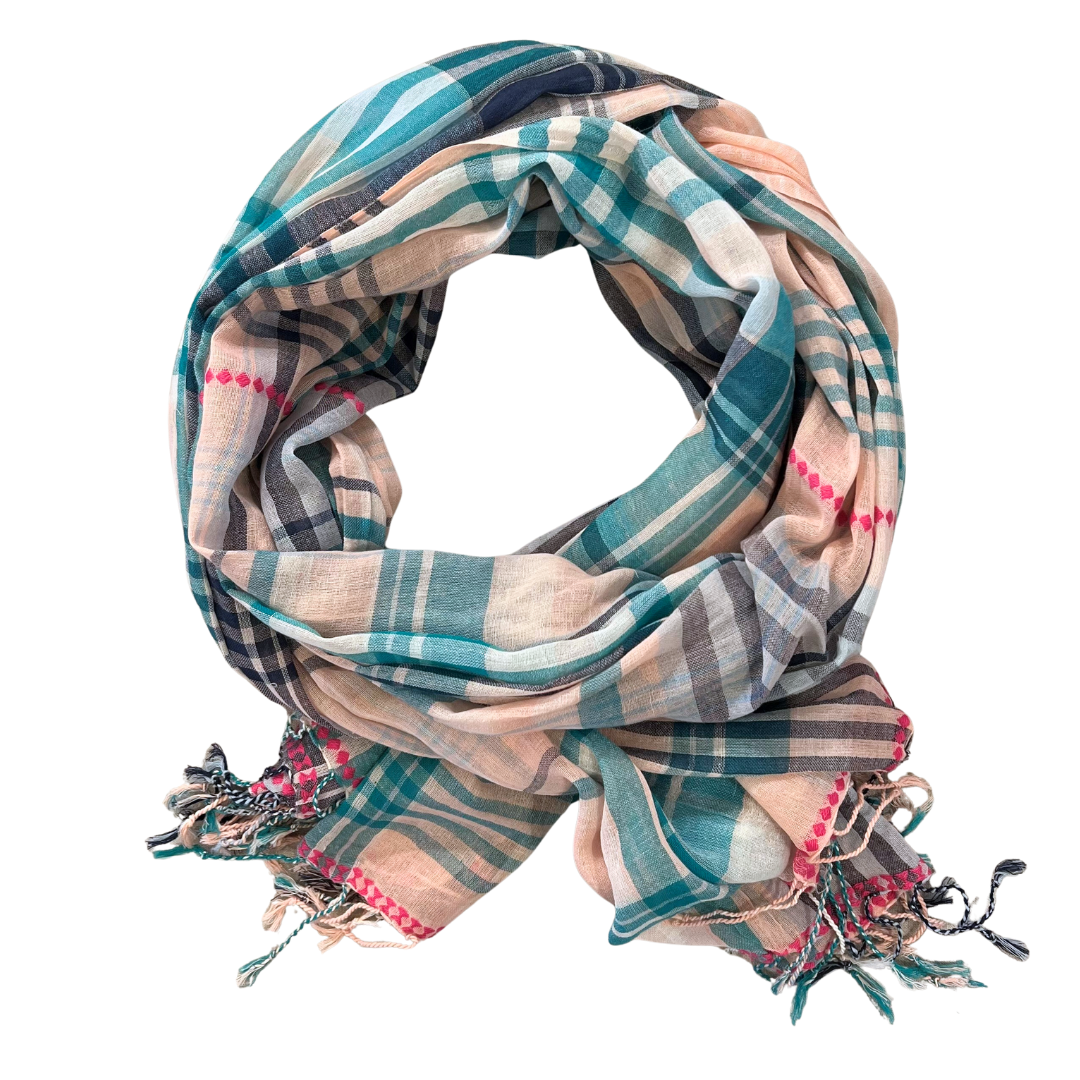 Sarong/Scarf - Cotton Check Teal with Trim