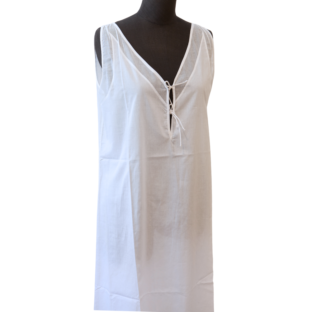 Sleeveless Nightie - White Tie-Front