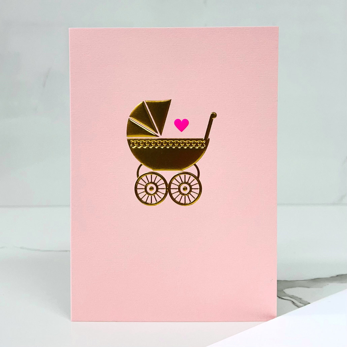 Card New Baby Pink with Gold Pram