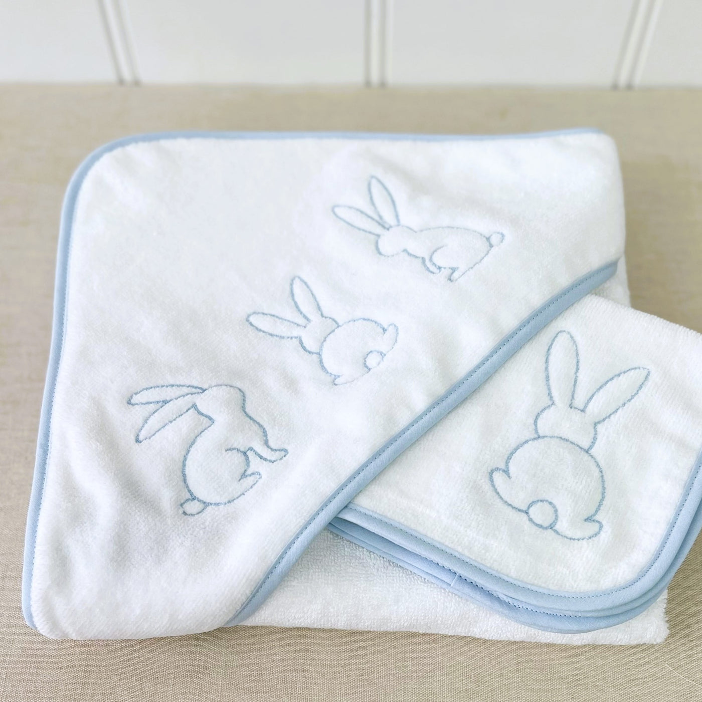 Baby Hooded Towel White Velour With Blue Bunny