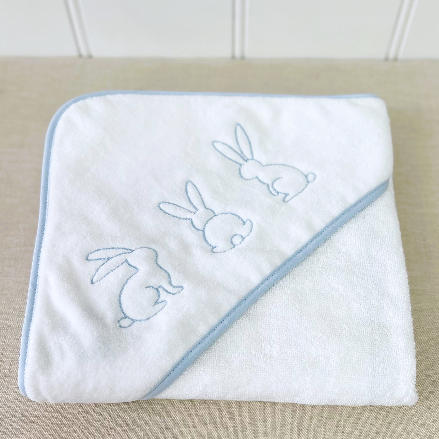 Baby Hooded Towel White Velour With Blue Bunny