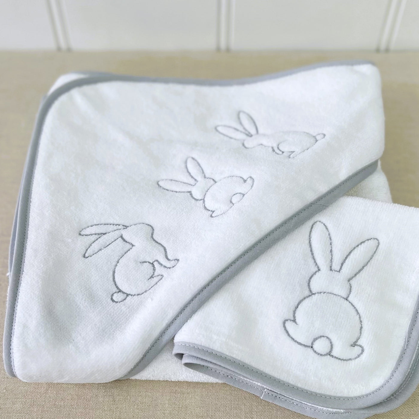 Baby Hooded Towel White Velour With Grey Bunny