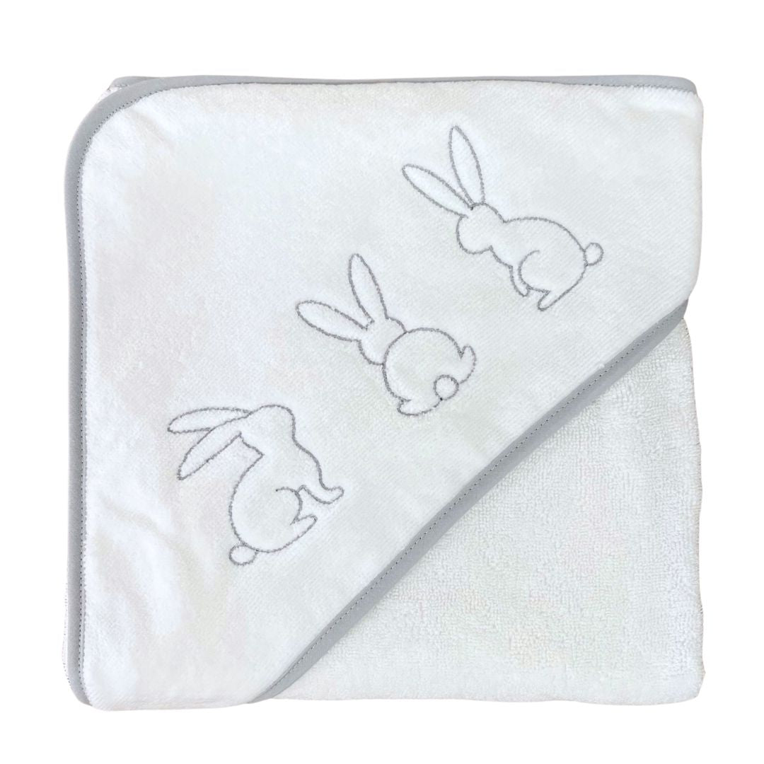 Baby Hooded Towel White Velour With Grey Bunny