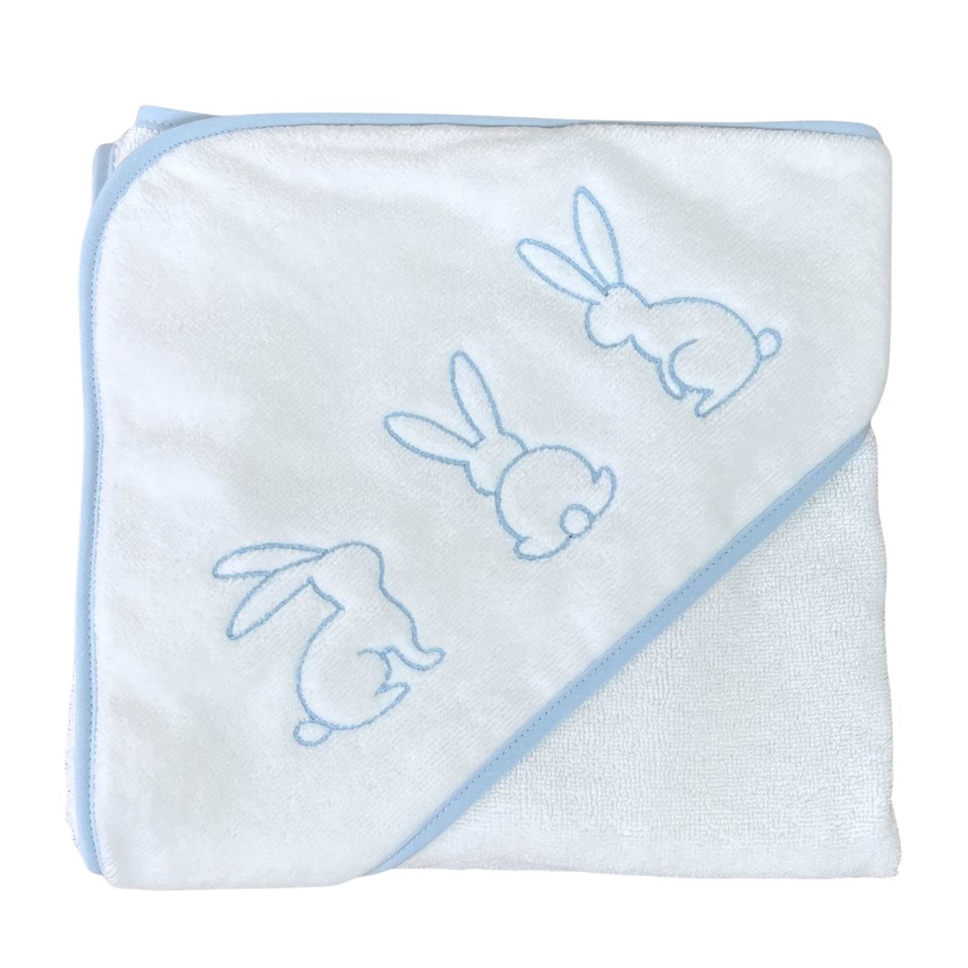 Baby Hooded Towel White Velour With Blue Bunny